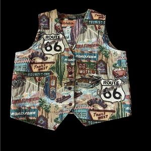 Vintage Rachel Brooke Route 66 Tapestry Vest – USA Road Trip Scenic Print